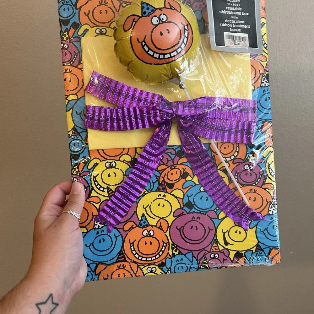 Vintage Complete Gift Wrap Ensemble Colorful Pig Mervyns - Birthday gift Wrap